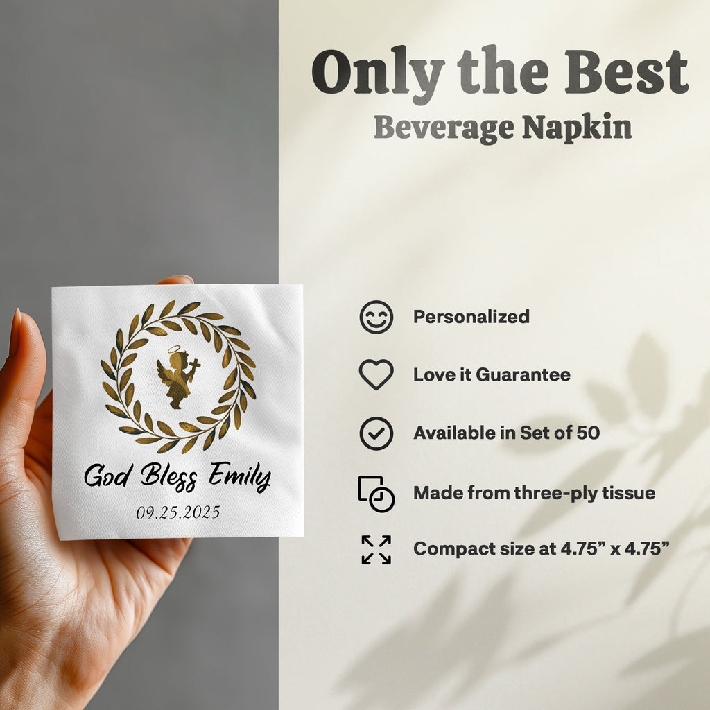 Beverage napkin with "God Bless Emily 09.25.2025" and wreath design.