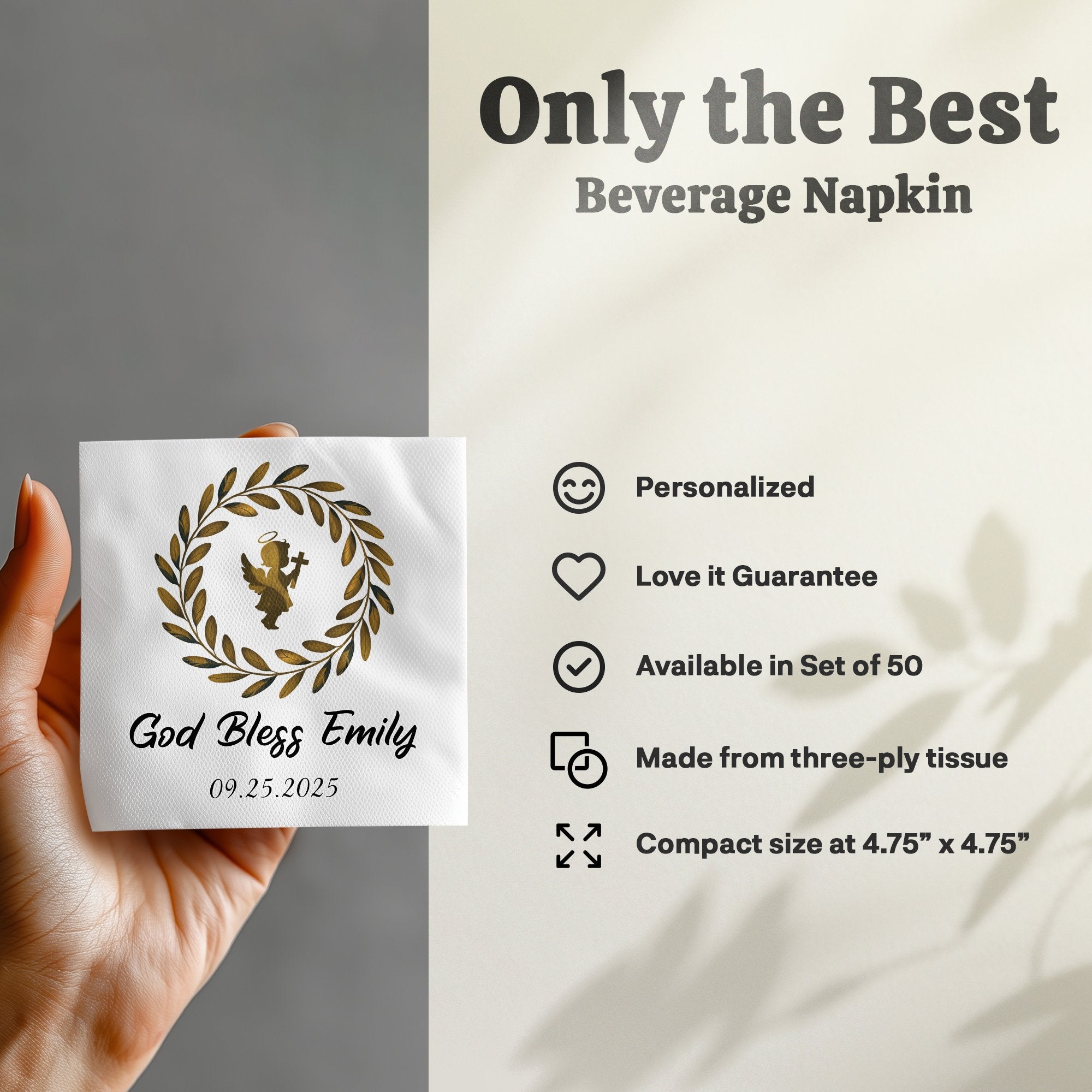 Beverage napkin with "God Bless Emily 09.25.2025" and wreath design.
