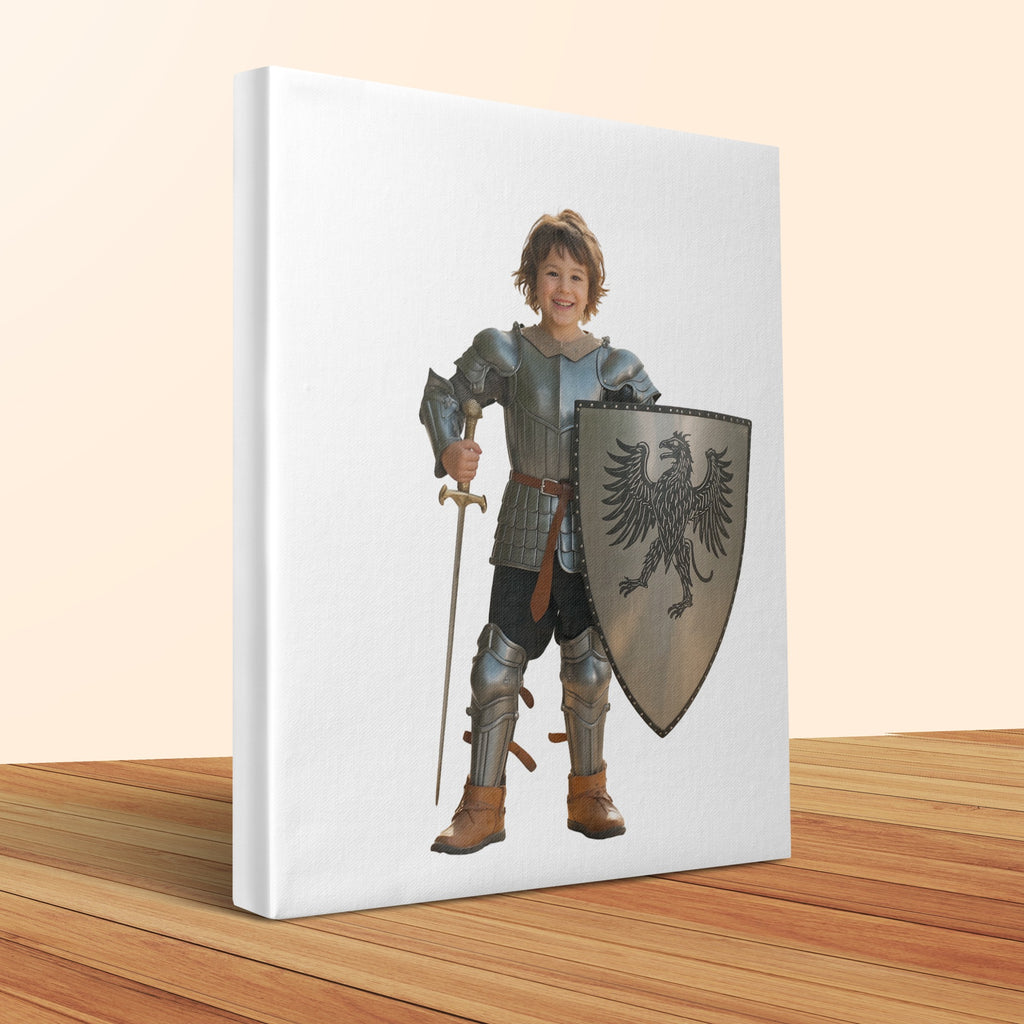 Child in silver knight's armor holding sword and shield with eagle crest.