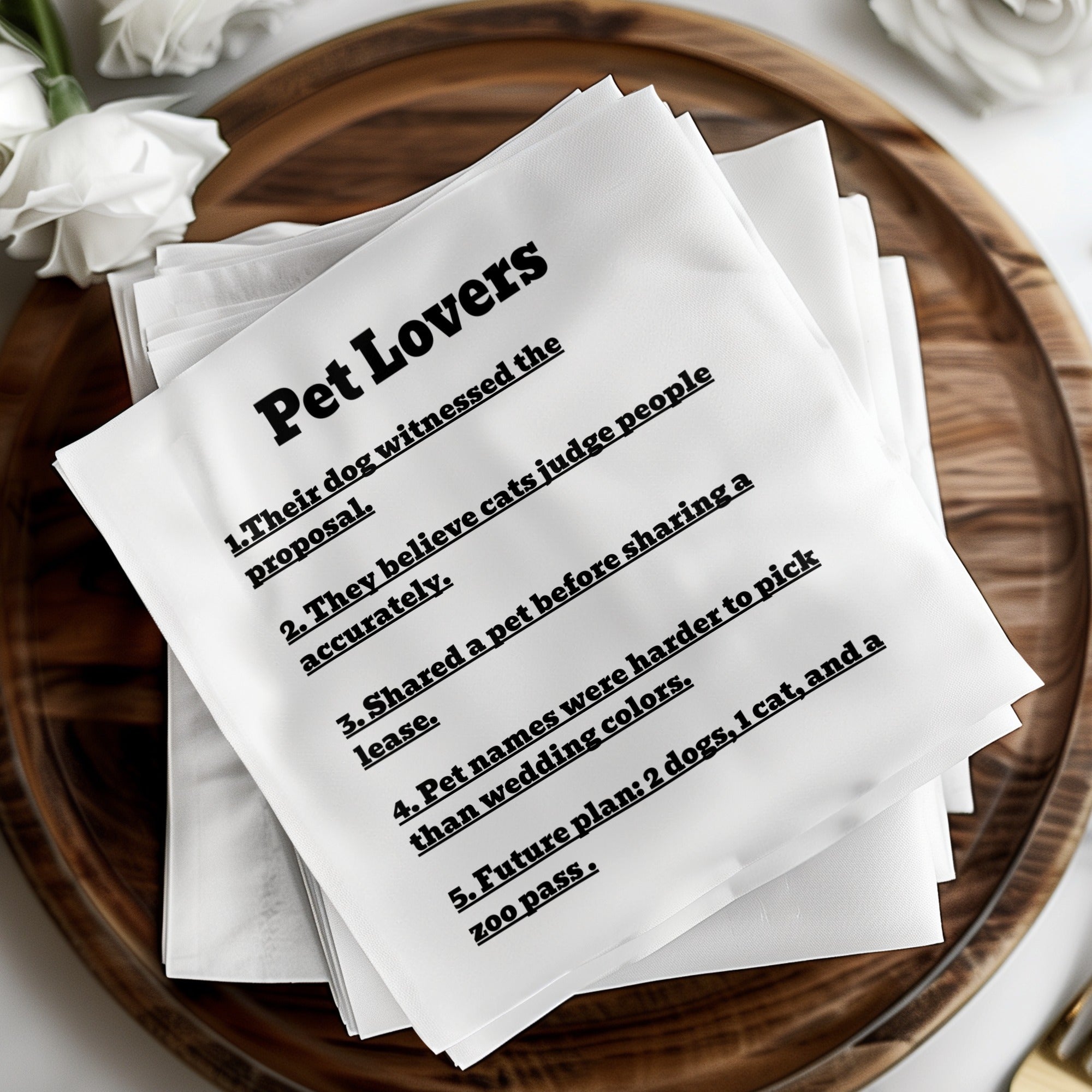 Napkins with "Pet Lovers" and five humorous statements about pet ownership.