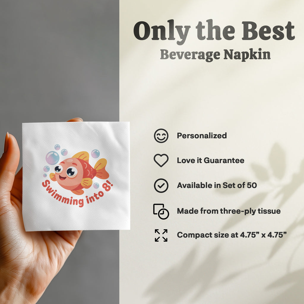 Beverage napkin with "Swimming into 8!" fish design and product details.