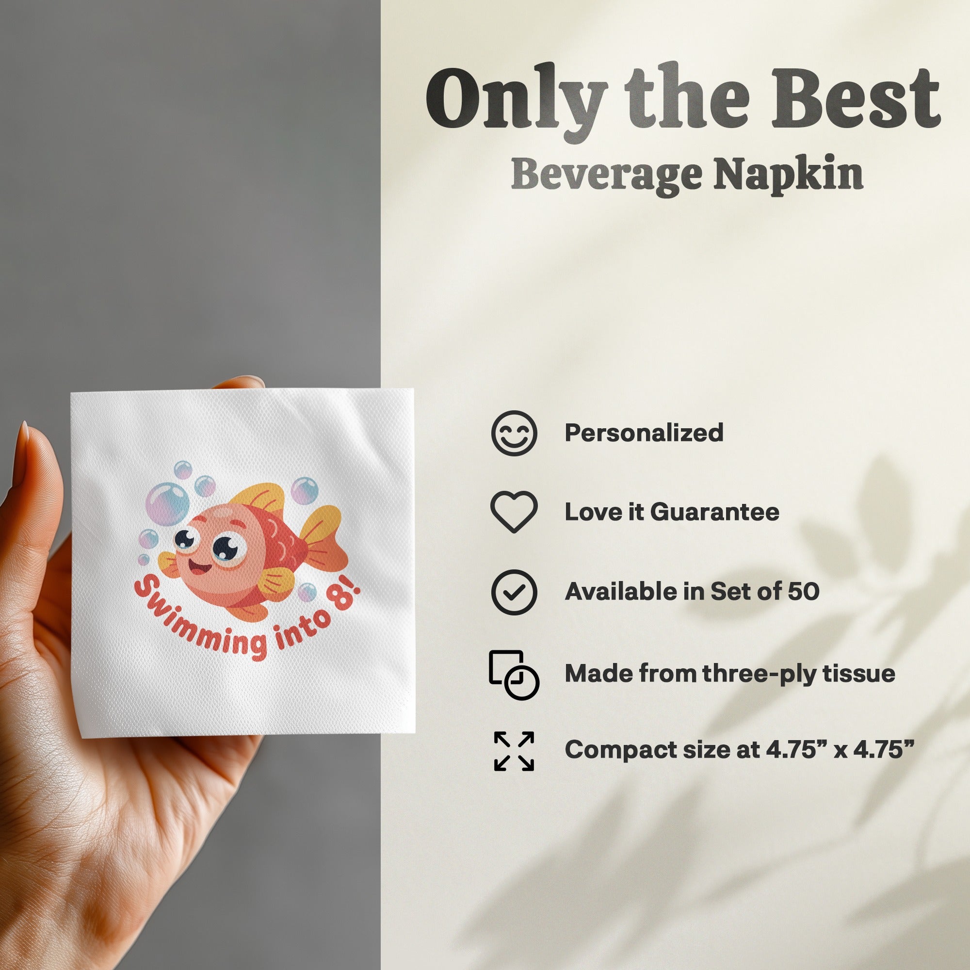 Beverage napkin with "Swimming into 8!" fish design and product details.
