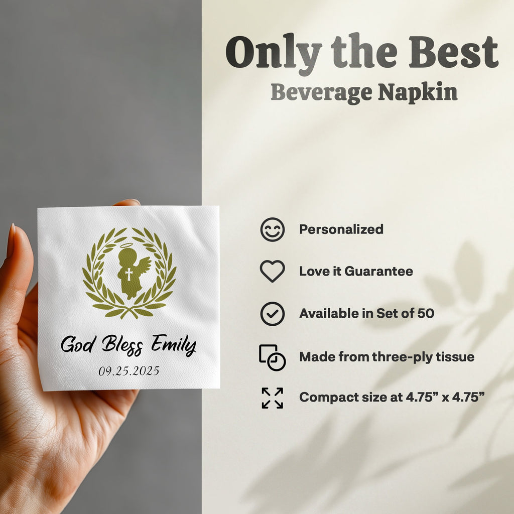 Beverage napkin with "God Bless Emily" and date, featuring olive wreath and angel.