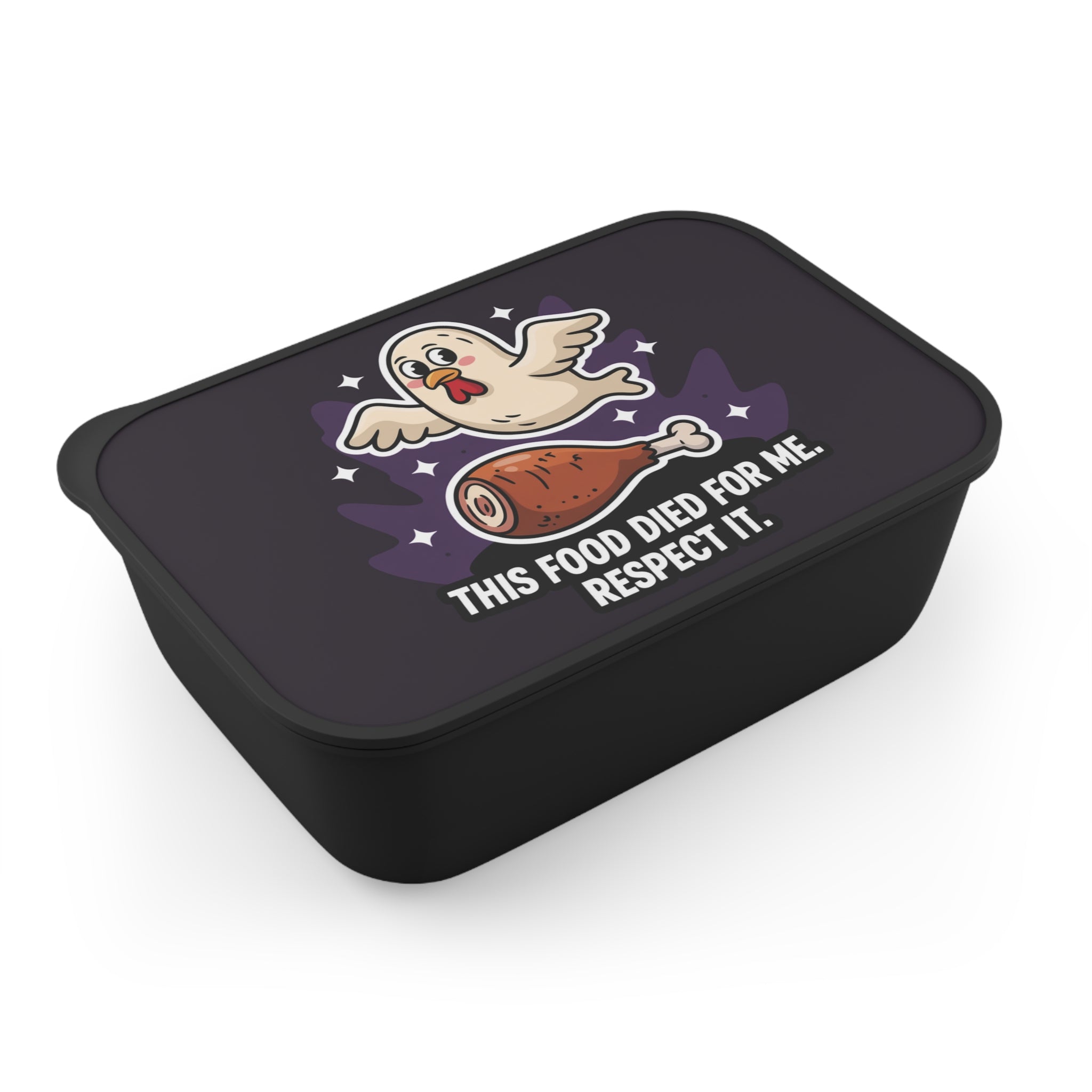 Black lunchbox with dark purple lid featuring cartoon chicken, drumstick, and text.