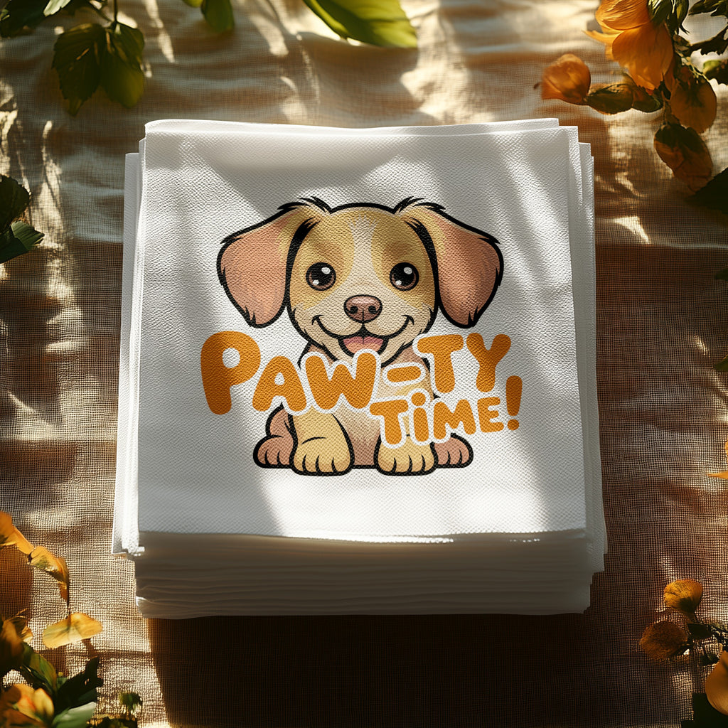 Stack of white napkins with a cartoon puppy and "Paw-ty Time!" text.