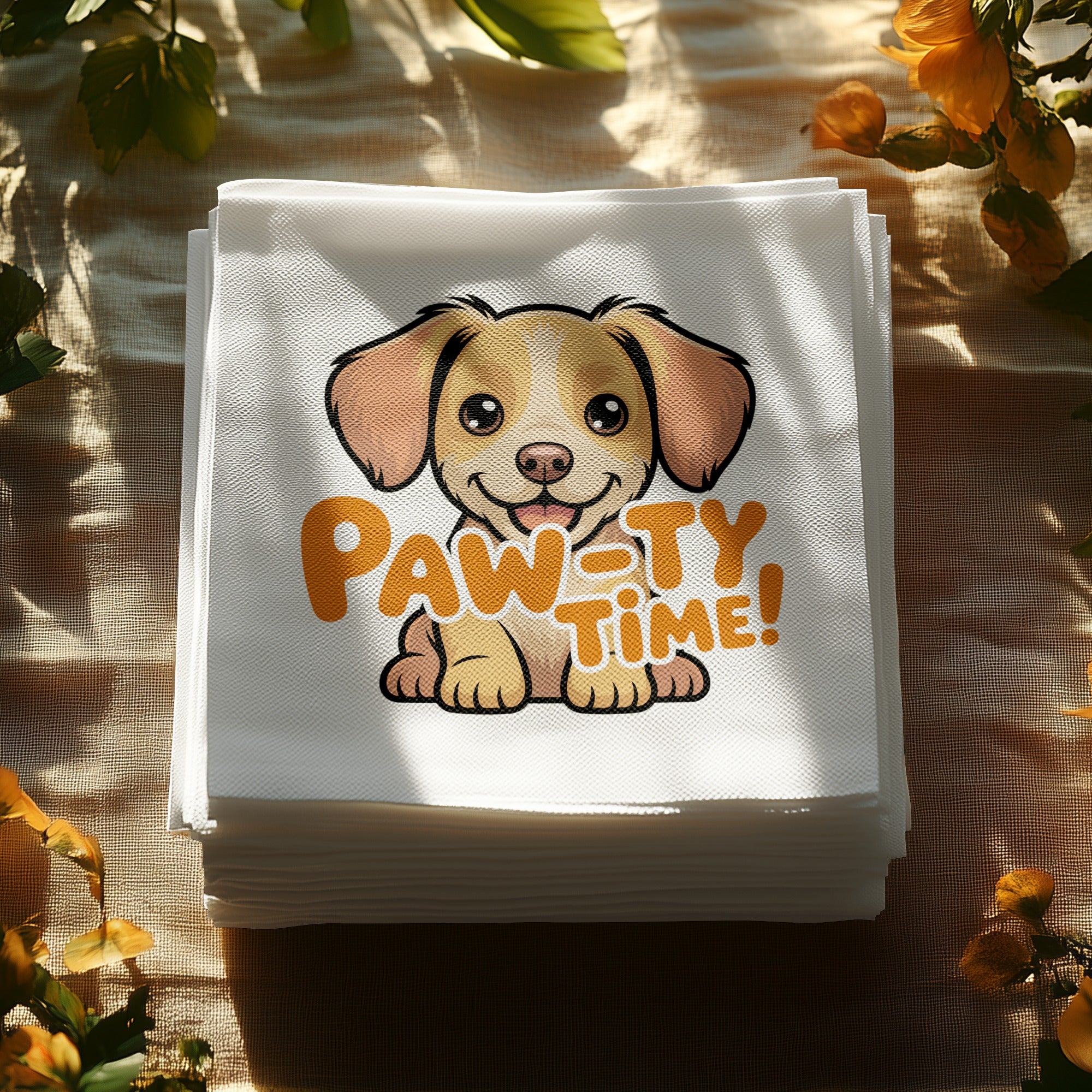 Stack of white napkins with a cartoon puppy and "Paw-ty Time!" text.
