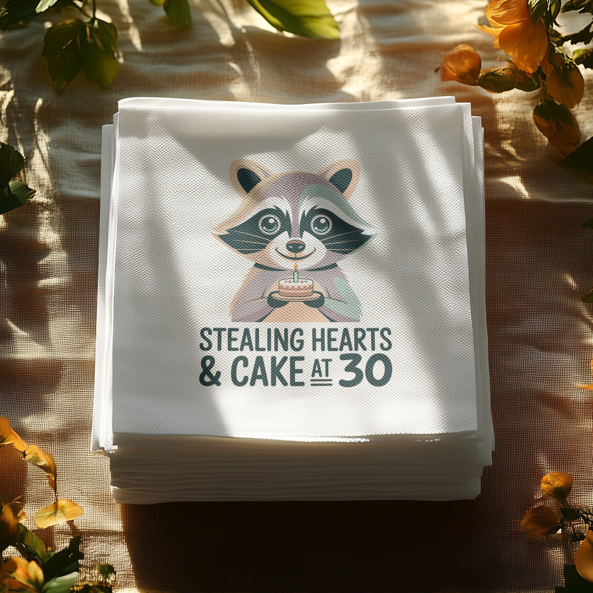 Stack of napkins featuring a raccoon holding a birthday cake with "Stealing hearts & cake at 30" text.