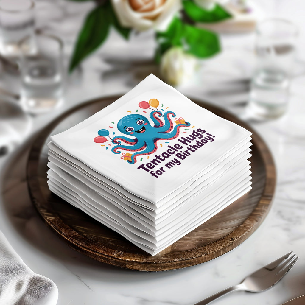 Stack of cocktail napkins with a cartoon octopus and balloons, reading "Tentacle Hugs for my Birthday!".