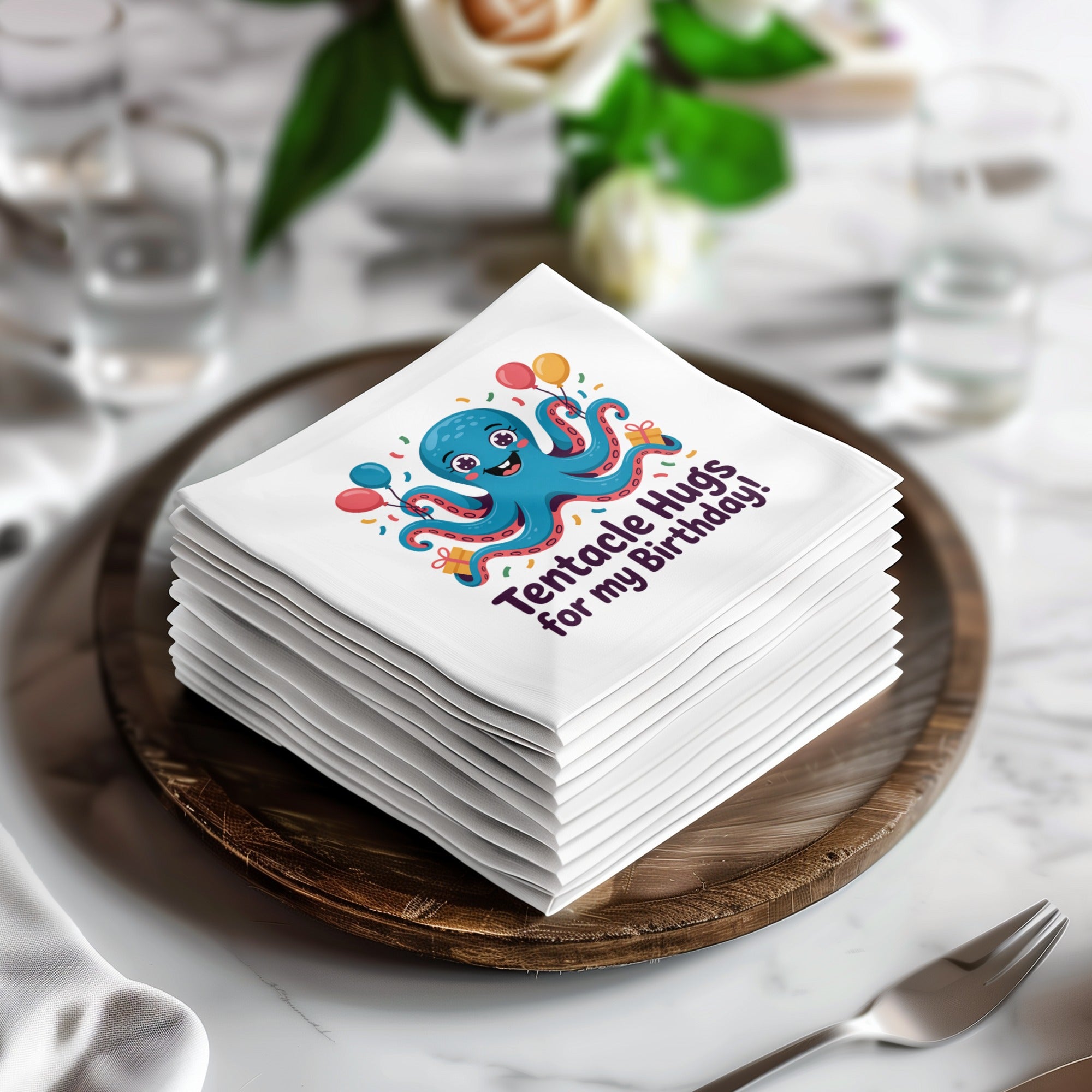Stack of cocktail napkins with a cartoon octopus and balloons, reading "Tentacle Hugs for my Birthday!".