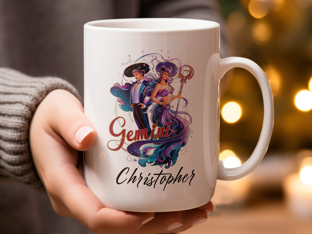 Mug with Gemini zodiac symbol, a regal couple, and the name Christopher.