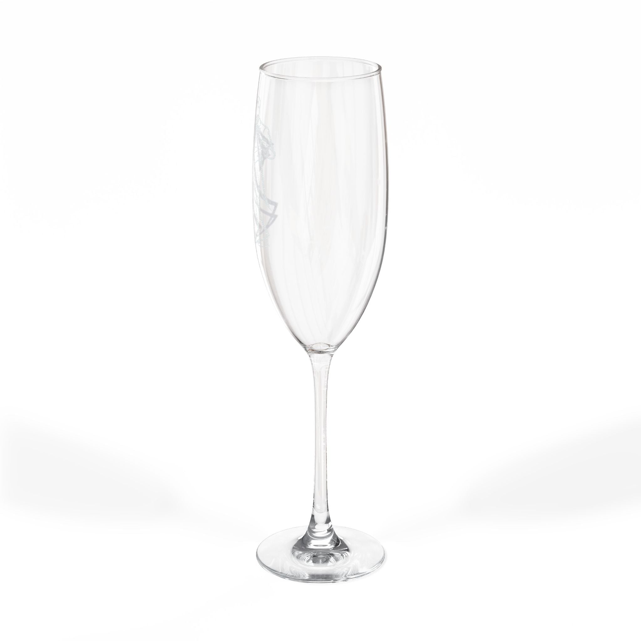 Clear champagne flute with a decorative etched logo on the bowl.