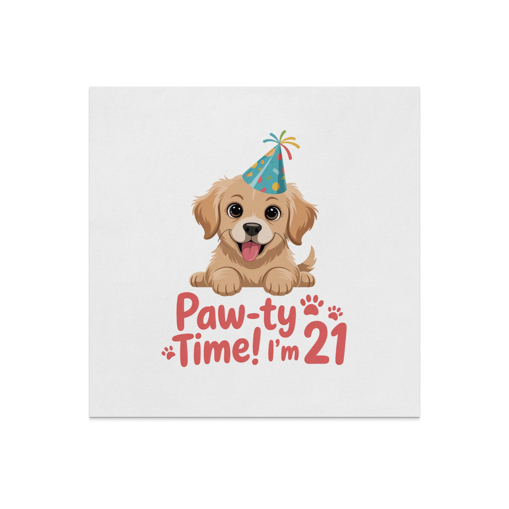 Golden retriever puppy in party hat celebrating 21st birthday.