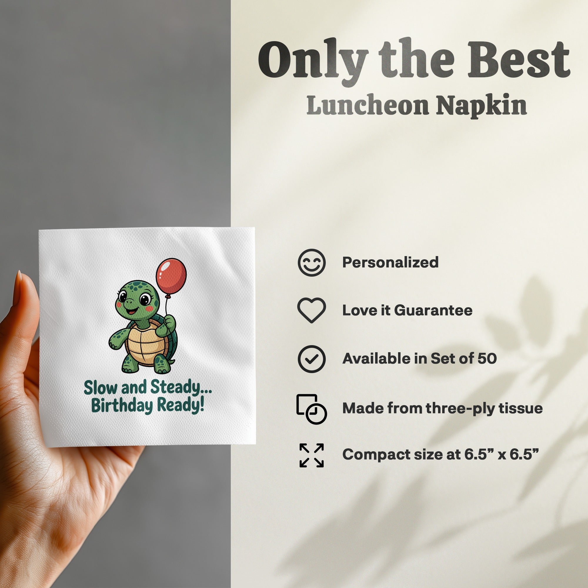 Napkin with turtle holding balloon, text "Slow and Steady... Birthday Ready!".
