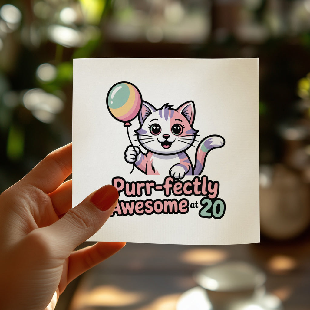 Cat holding a balloon, text "Purr-fectly Awesome at 20".