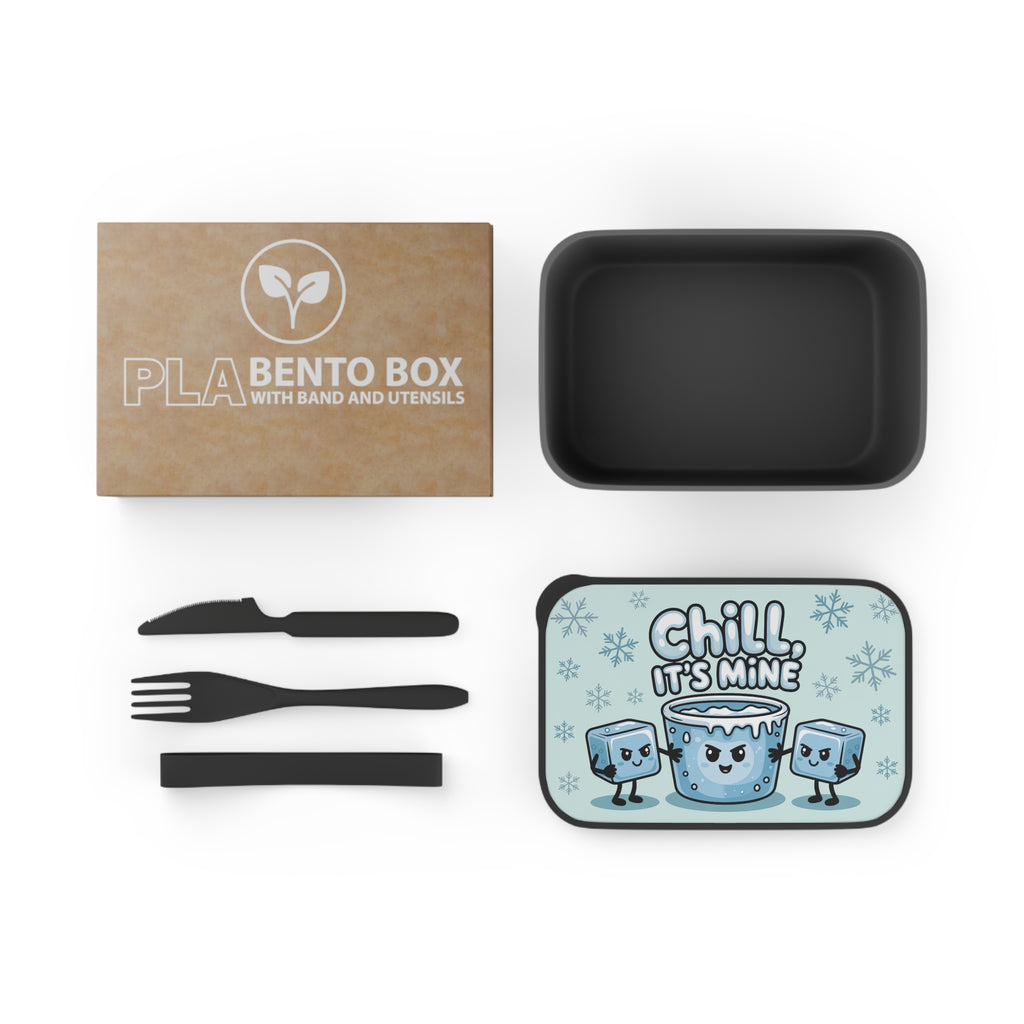 PLA Bento Box with utensils, featuring cartoon ice cubes with "Chill. It's Mine."
