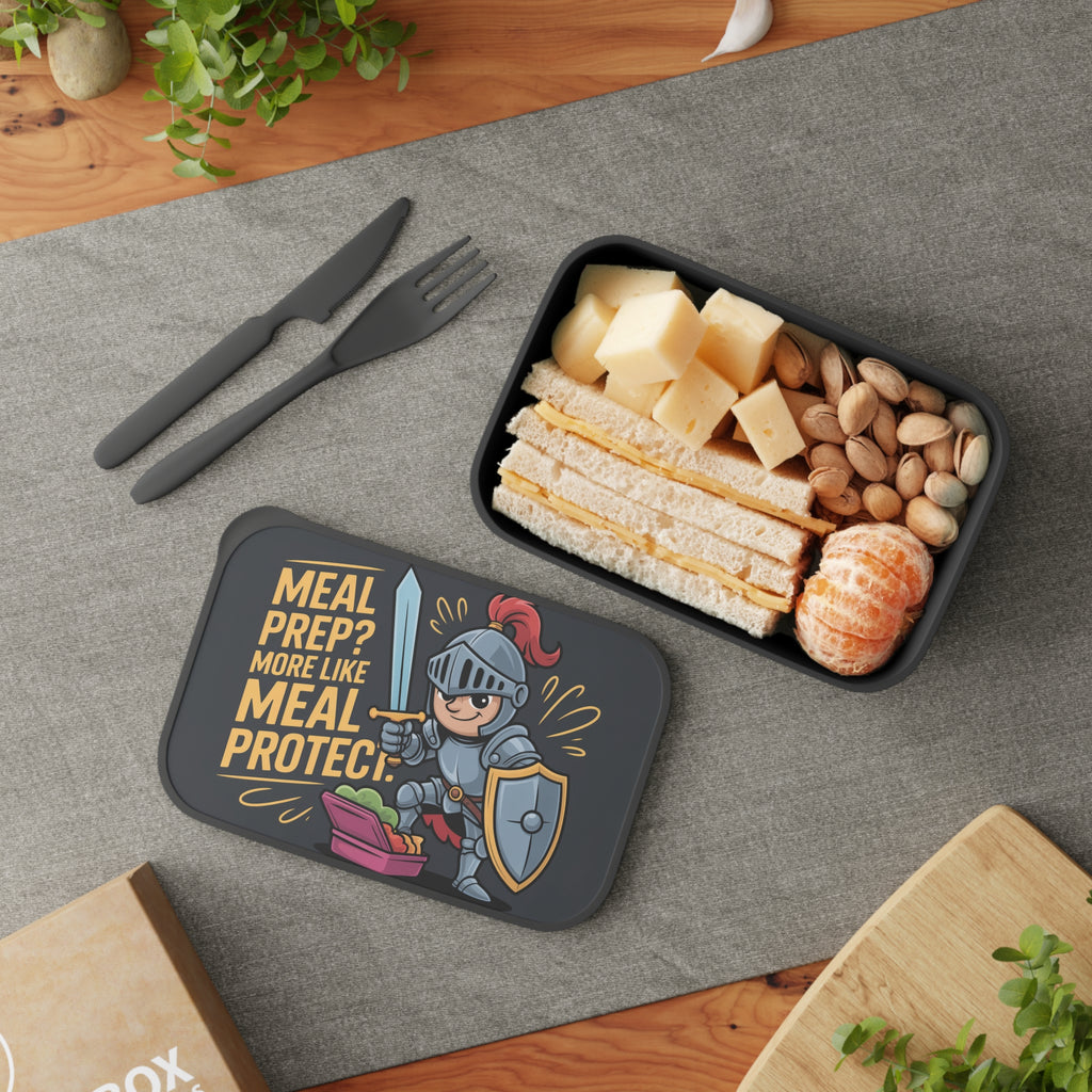 Lunchbox with knight graphic and text "Meal prep more like Meal protect".