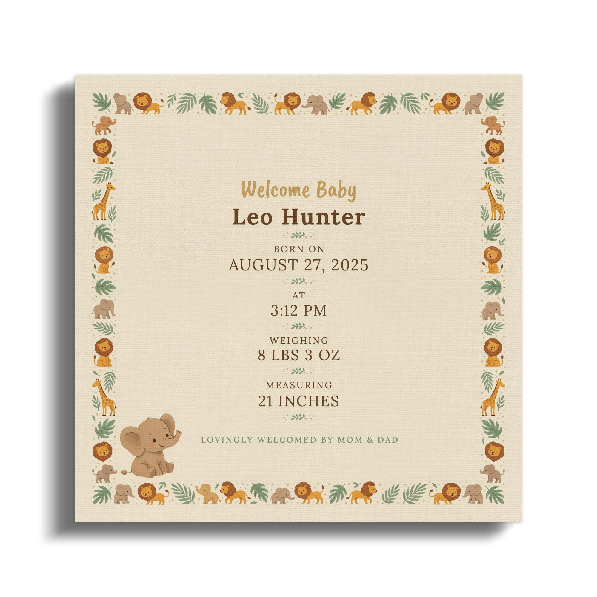 Baby Leo Hunter's birth details on a safari-themed birth certificate.