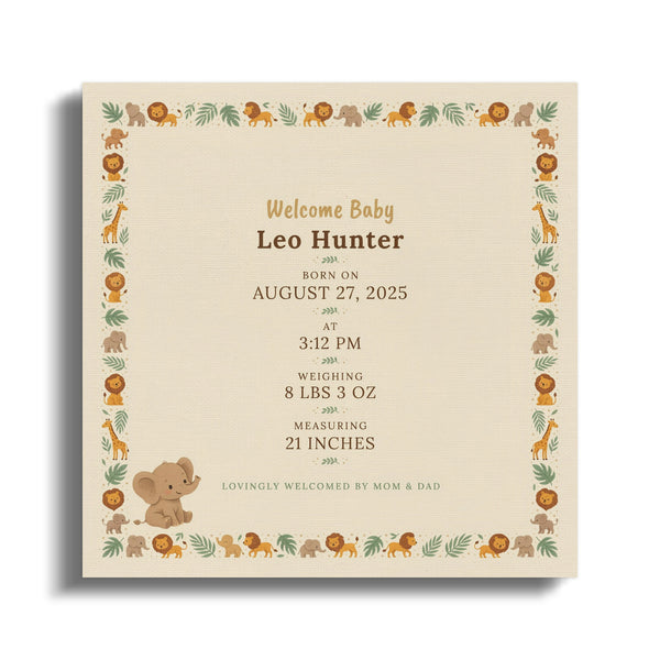 Baby Leo Hunter's birth details on a safari-themed birth certificate.