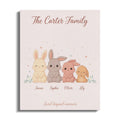 The Carter Family personalized canvas with four cartoon bunnies and names: James, Sophie, Oliver, Lily.
