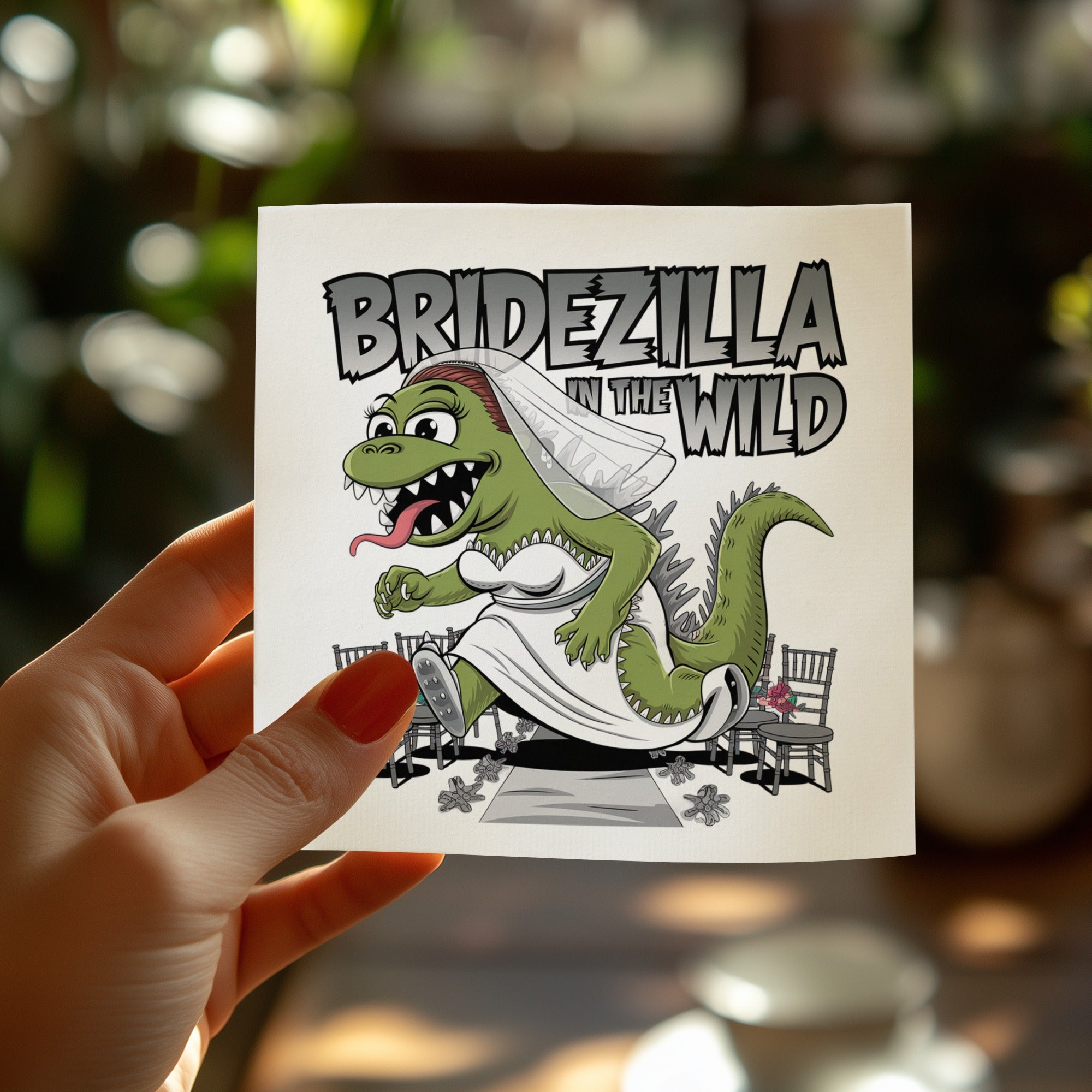 Bridezilla monster in wedding dress, running with bouquet, "Bridezilla in the Wild" text.