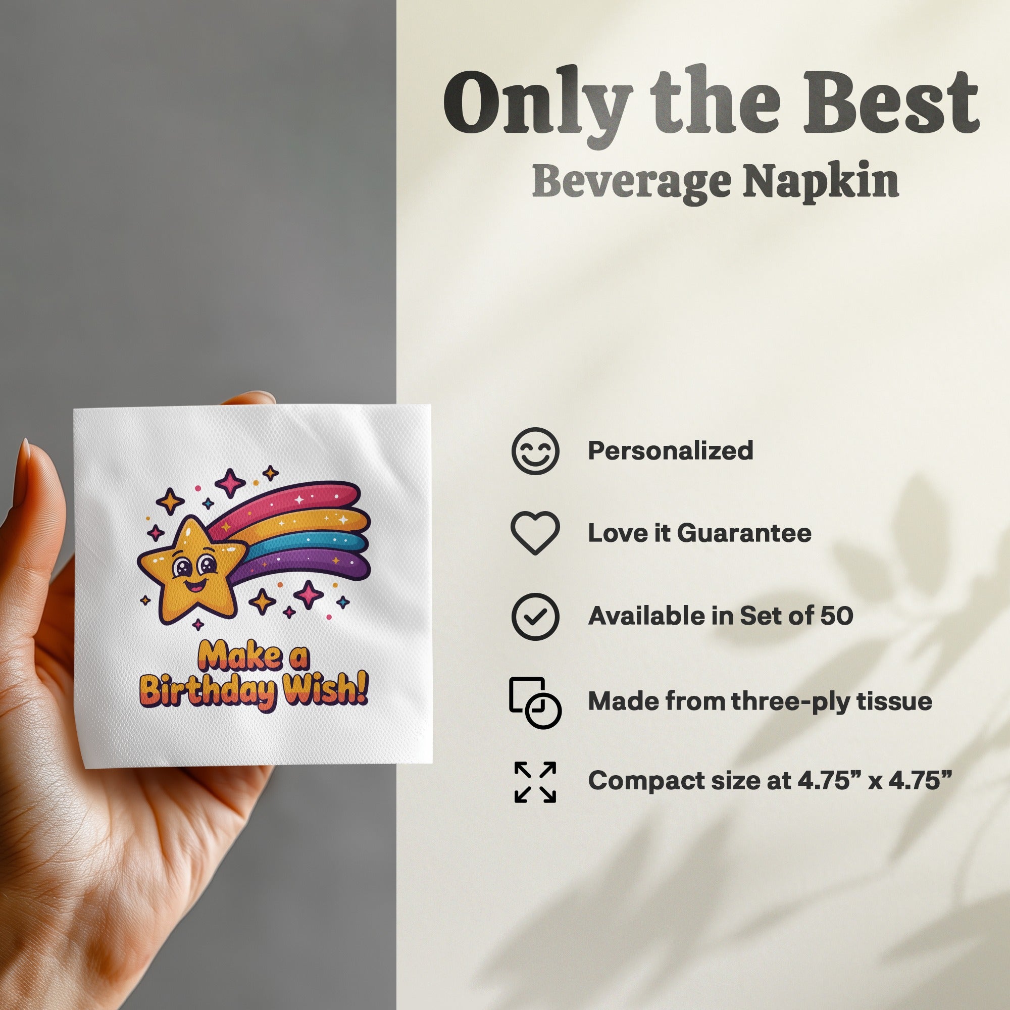 Beverage napkin with a smiling star and rainbow, saying "Make a Birthday Wish!".