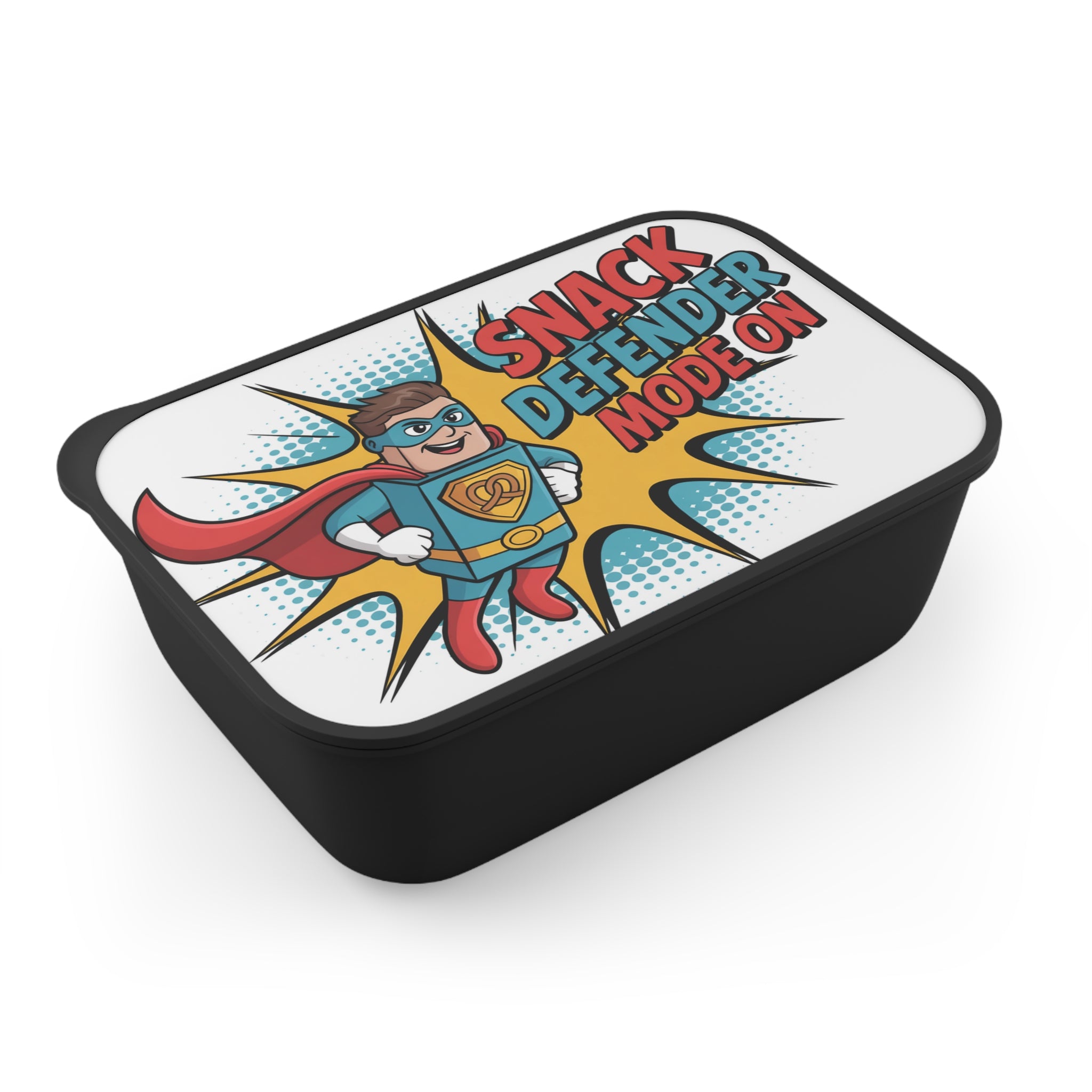 Black lunchbox with "Snack Defender Mode On" and superhero graphic.