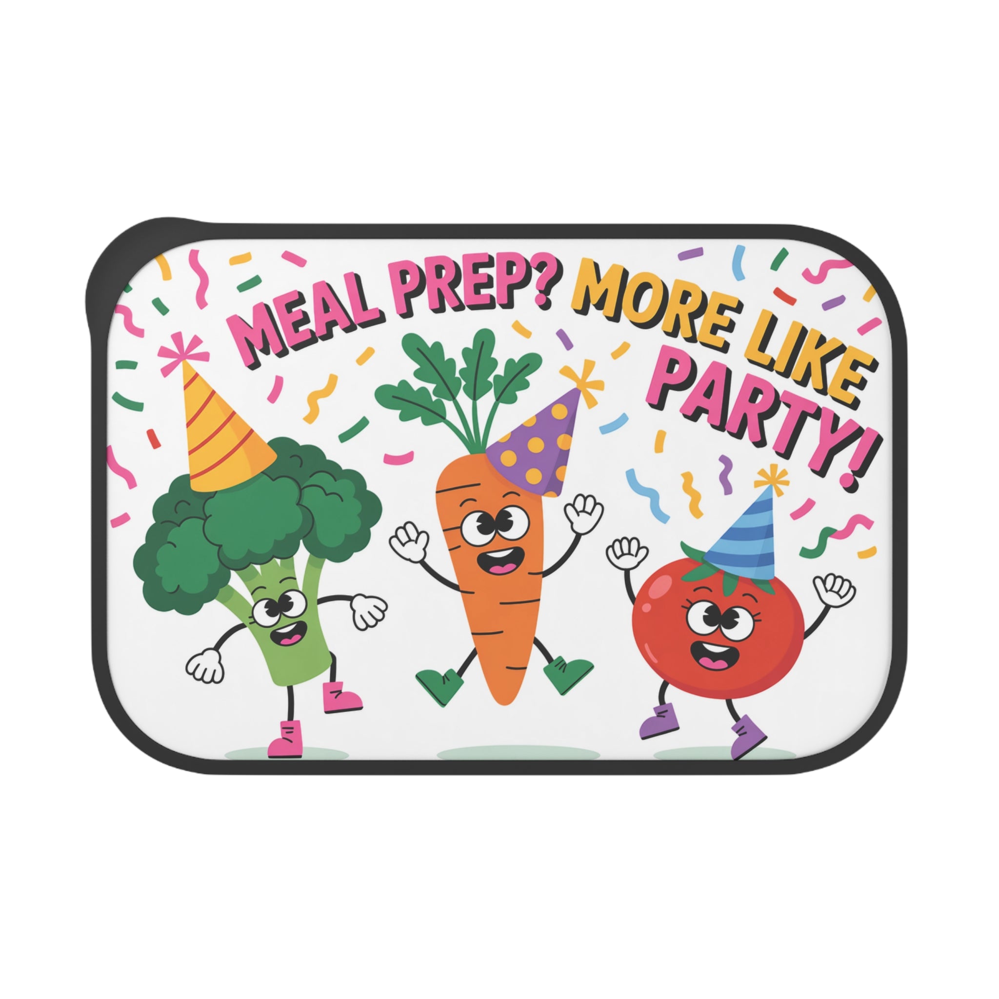 Cartoon broccoli, carrot, and tomato wearing party hats with confetti and text.