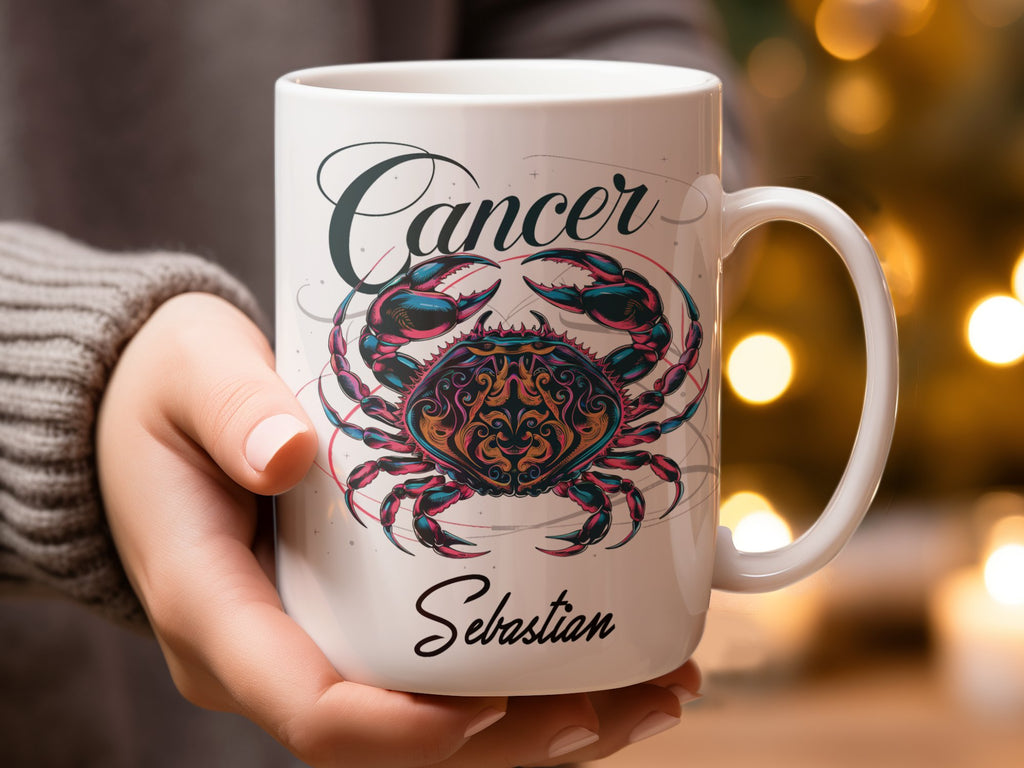 White mug with colorful crab design and "Cancer Sebastian" text.