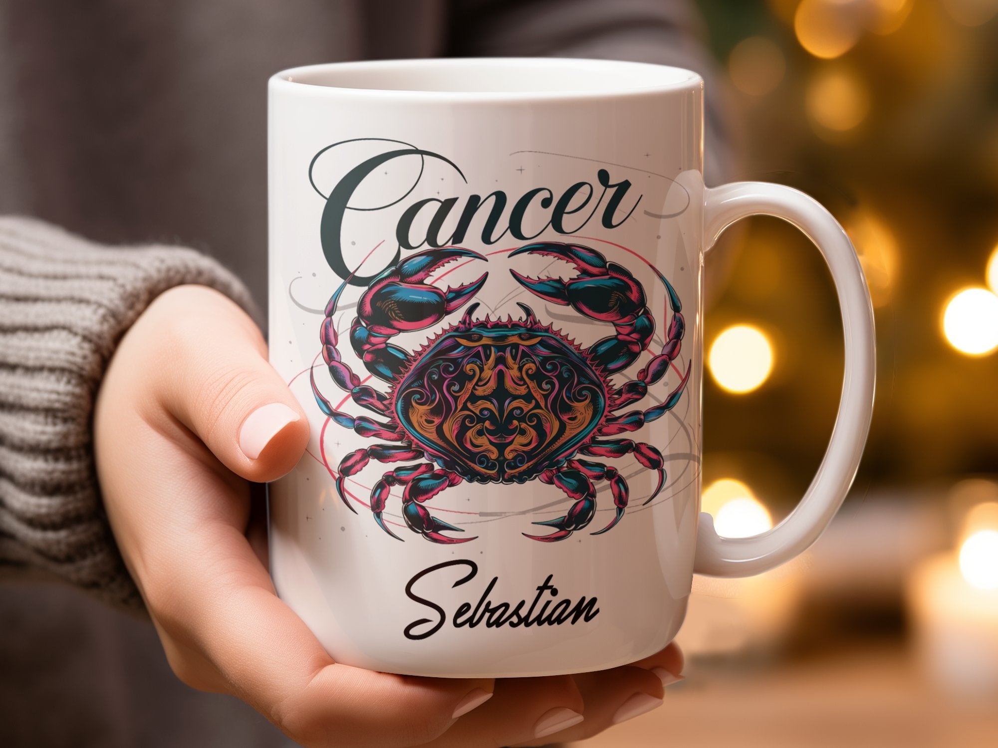 White mug with colorful crab design and "Cancer Sebastian" text.