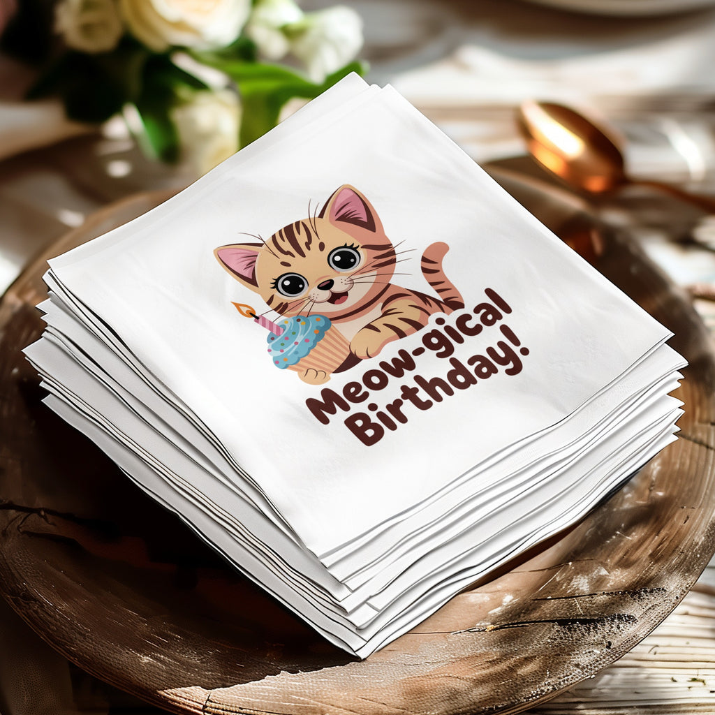 Napkins featuring a kitten with a cupcake and "Meow-gical Birthday!" text.