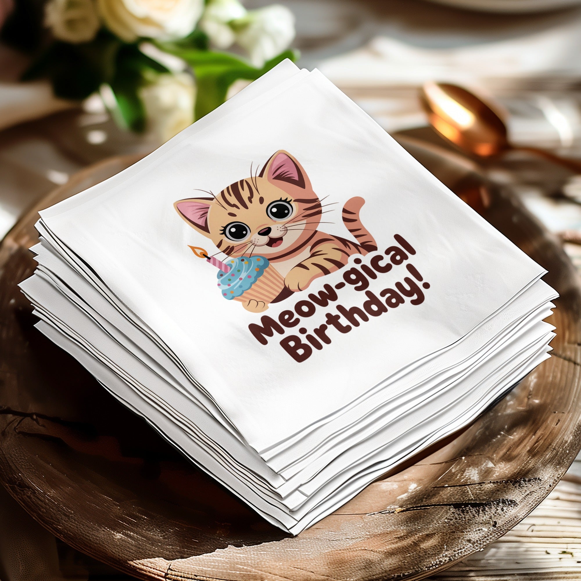 Napkins featuring a kitten with a cupcake and "Meow-gical Birthday!" text.
