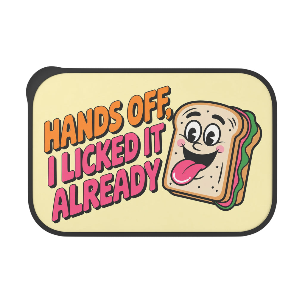 Sandwich character with "Hands off, I licked it already" text.