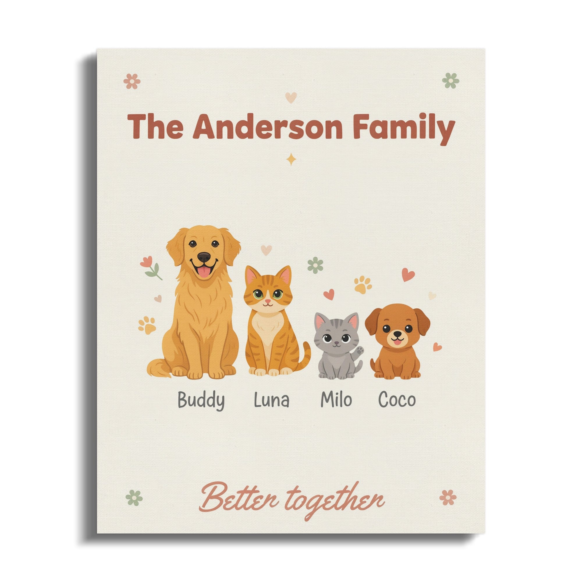 The Anderson Family with customizable dog and cat portraits and names for Buddy, Luna, Milo, and Coco.