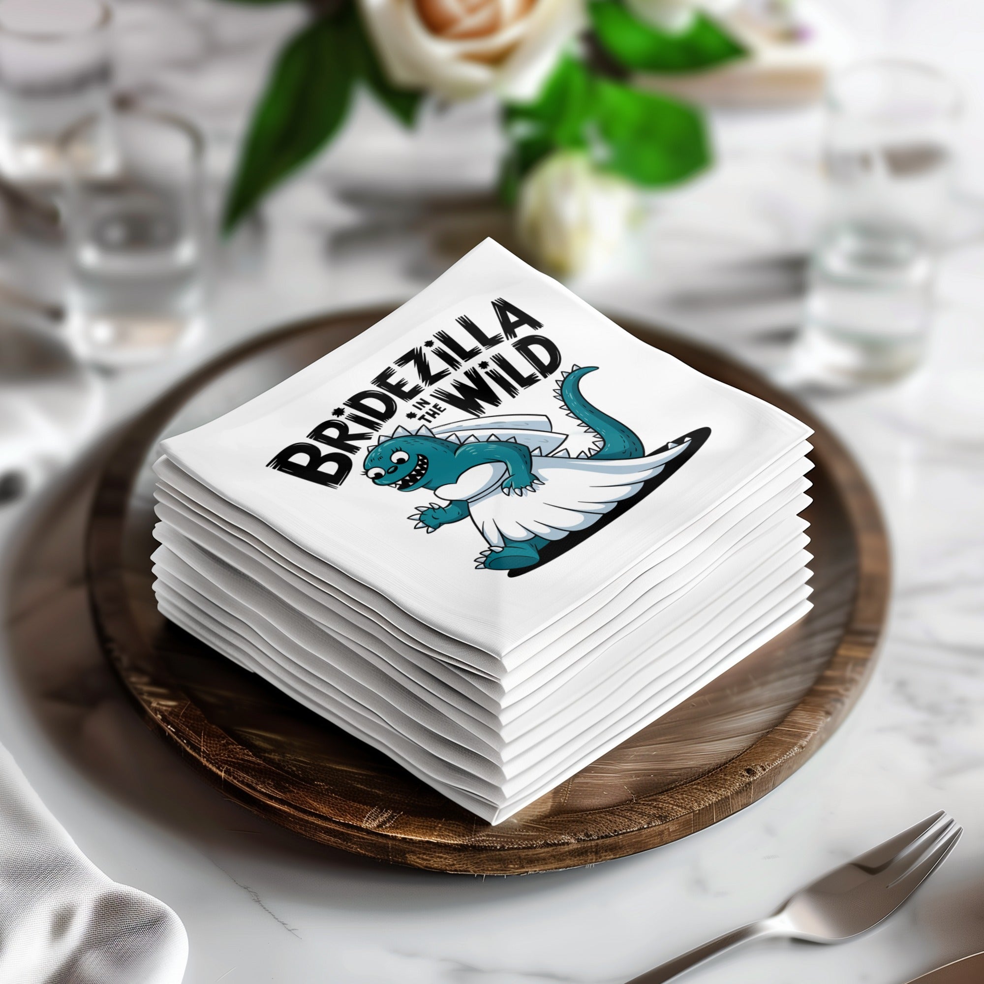 White napkin with cartoon bridezilla dinosaur wearing a wedding dress.