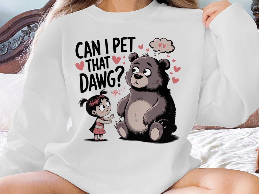 Girl asking a bear "Can I pet that dawg?" with hearts.