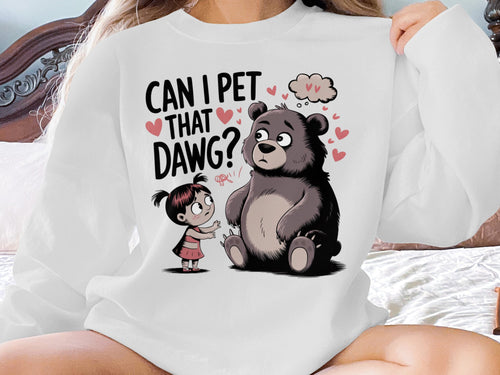 Girl asking a bear "Can I pet that dawg?" with hearts.