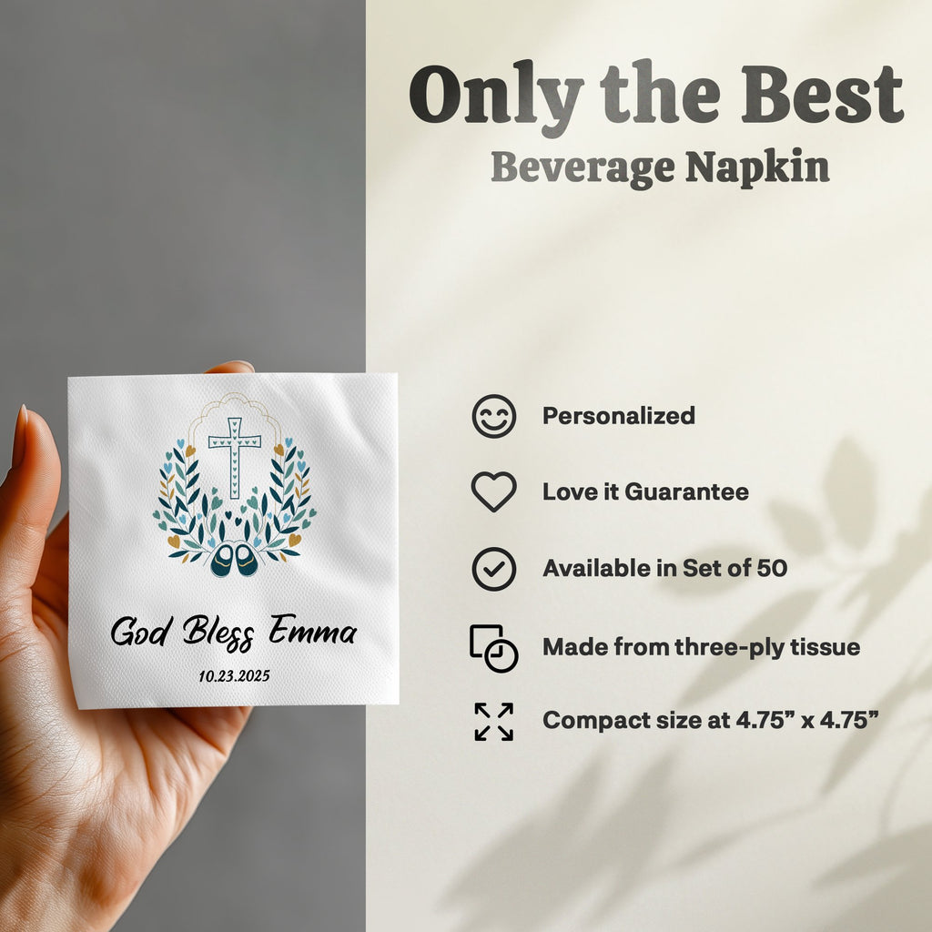 Beverage napkin with "God Bless Emma" and floral cross design.