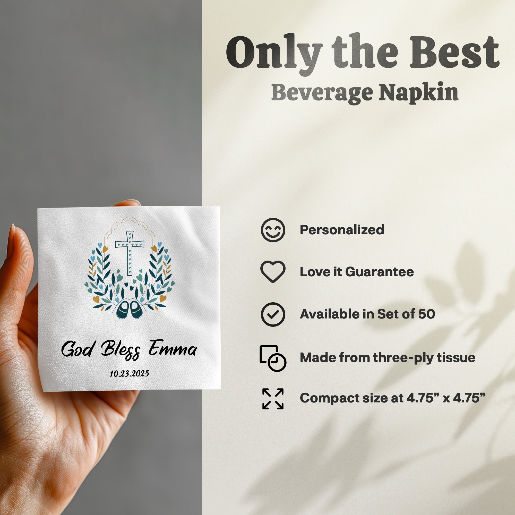 Beverage napkin with "God Bless Emma" and floral cross design.