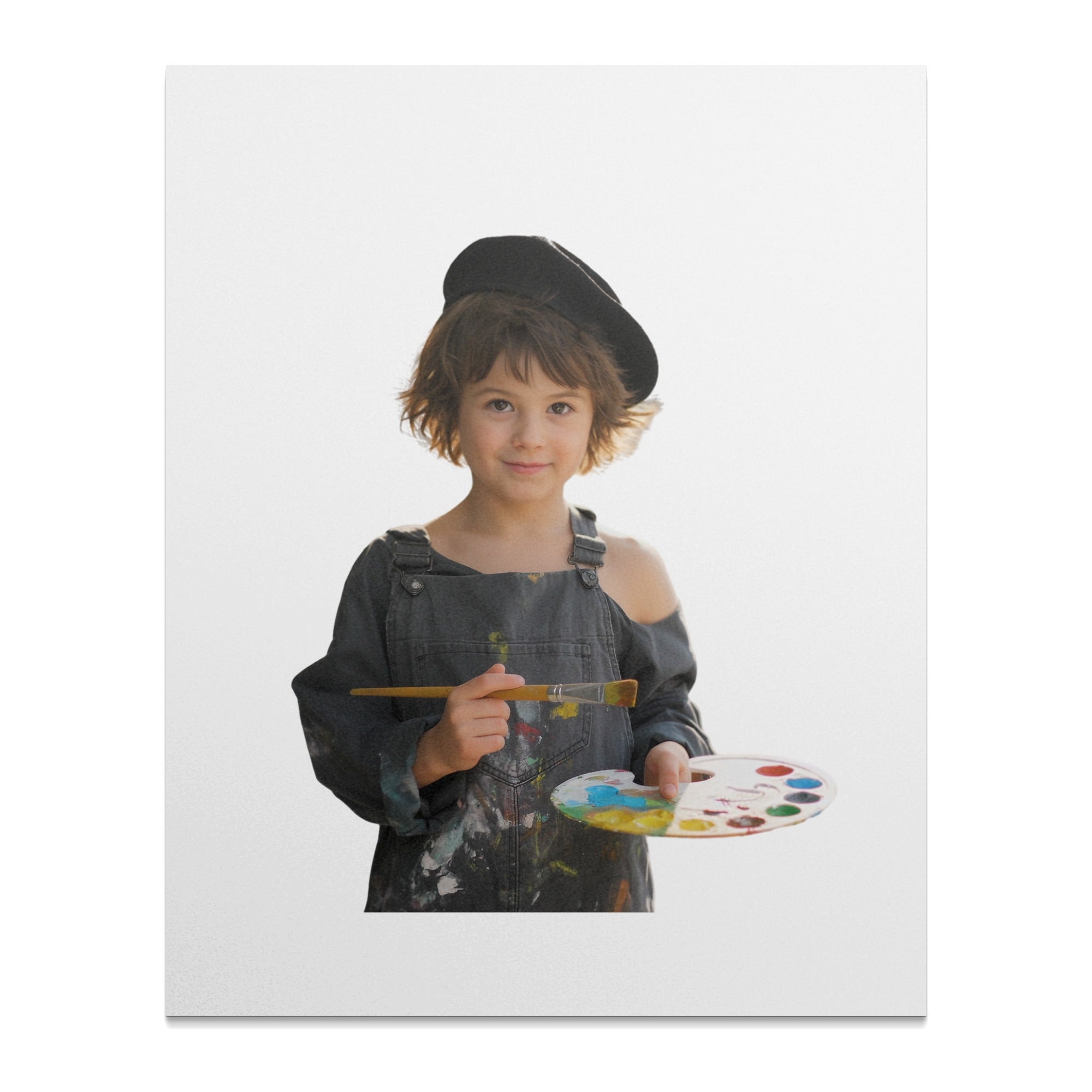 Child wearing overalls and a beret, holding a paintbrush and paint palette.