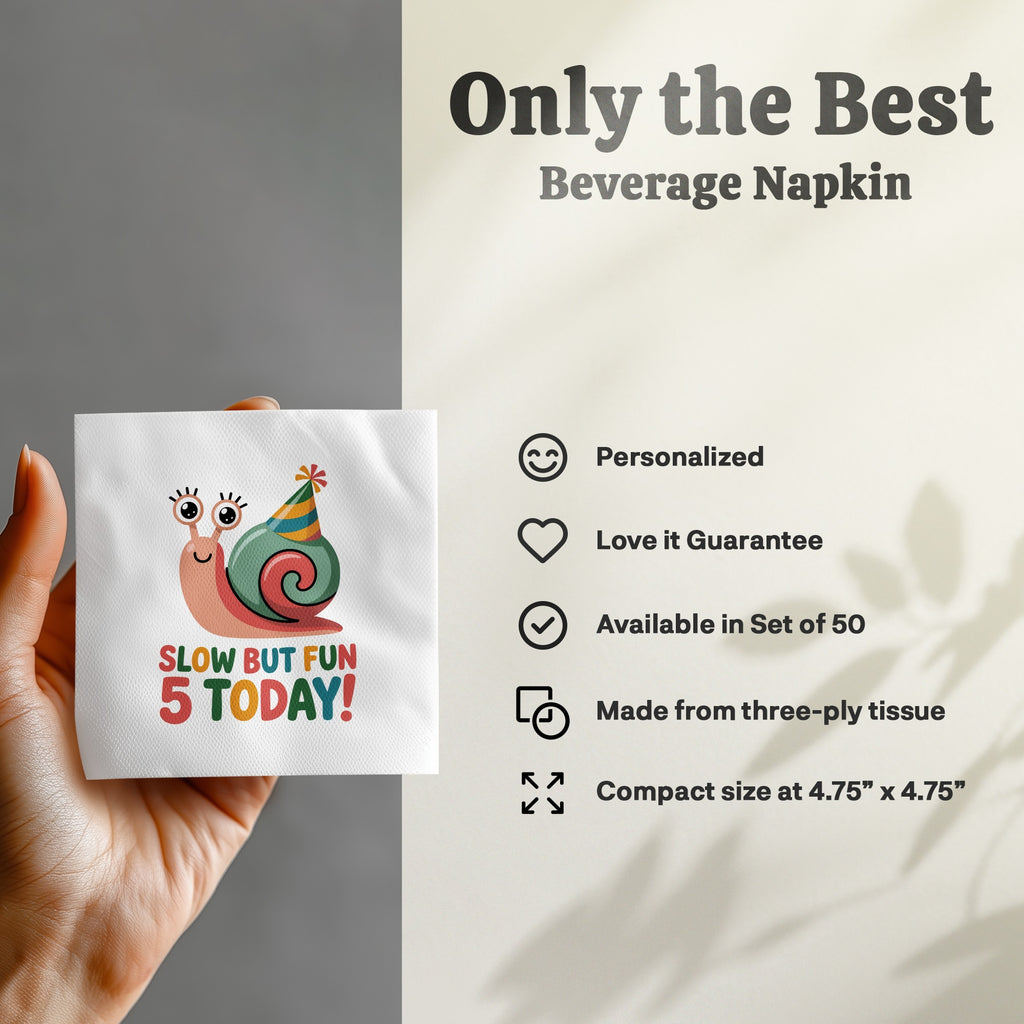 Beverage napkin with a cartoon snail celebrating a birthday.