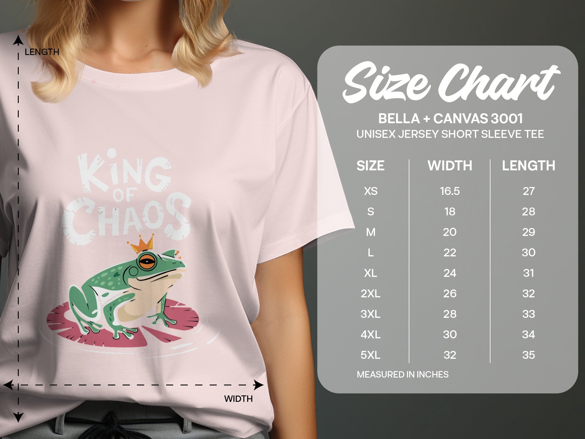 T-shirt with frog wearing a crown and a size chart.