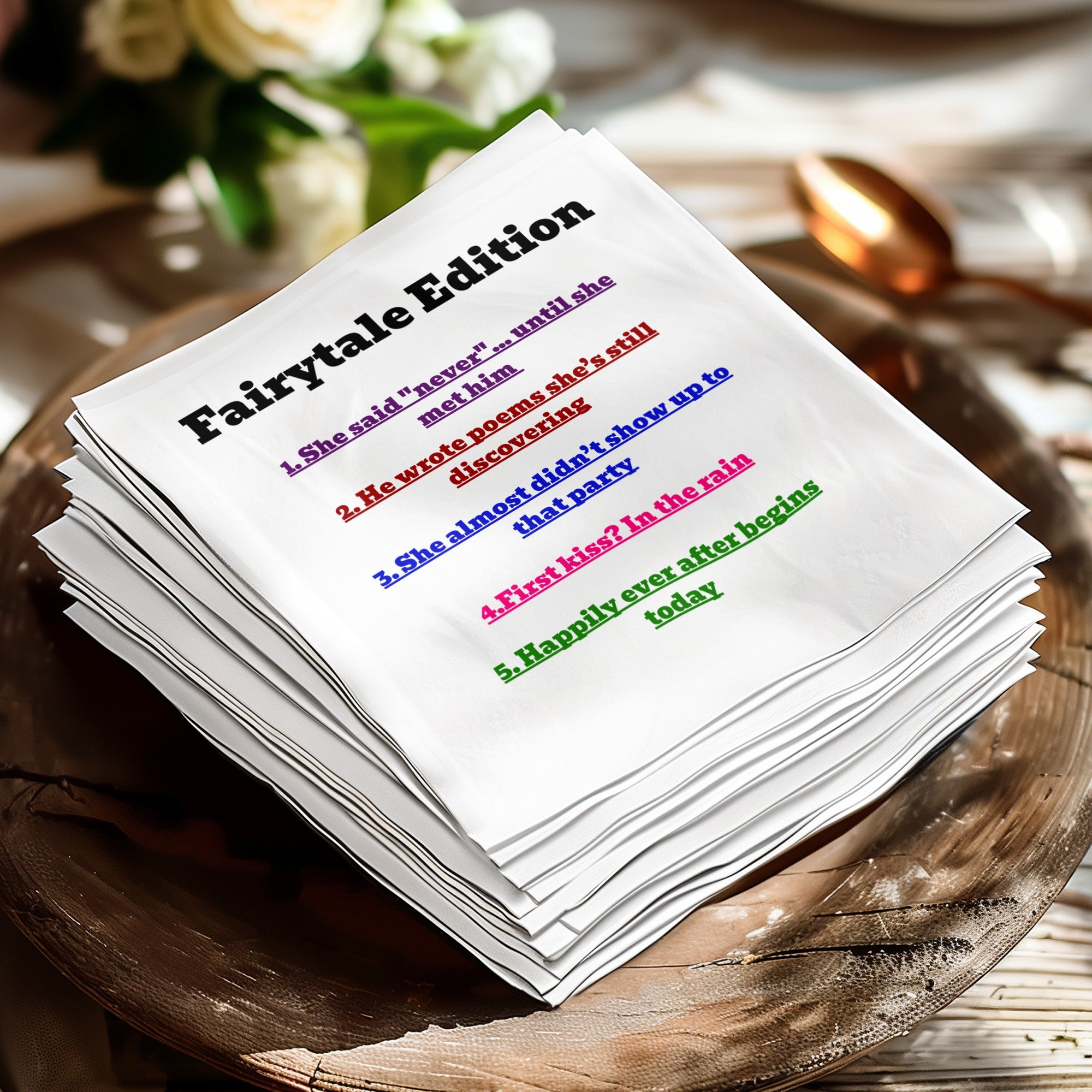Fairytale Edition napkins with numbered romantic scenarios.