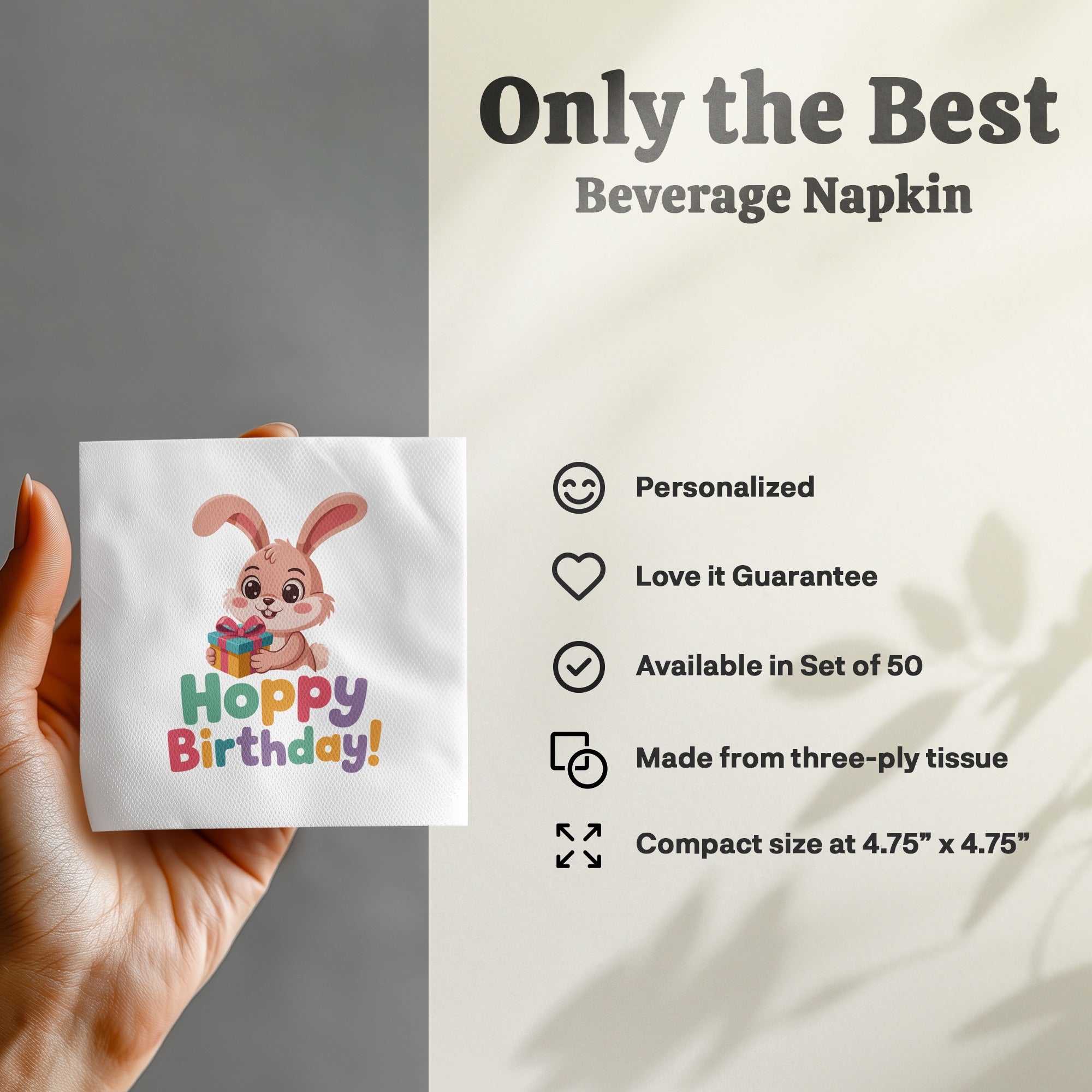 Beverage napkin with "Hoppy Birthday!" bunny graphic.