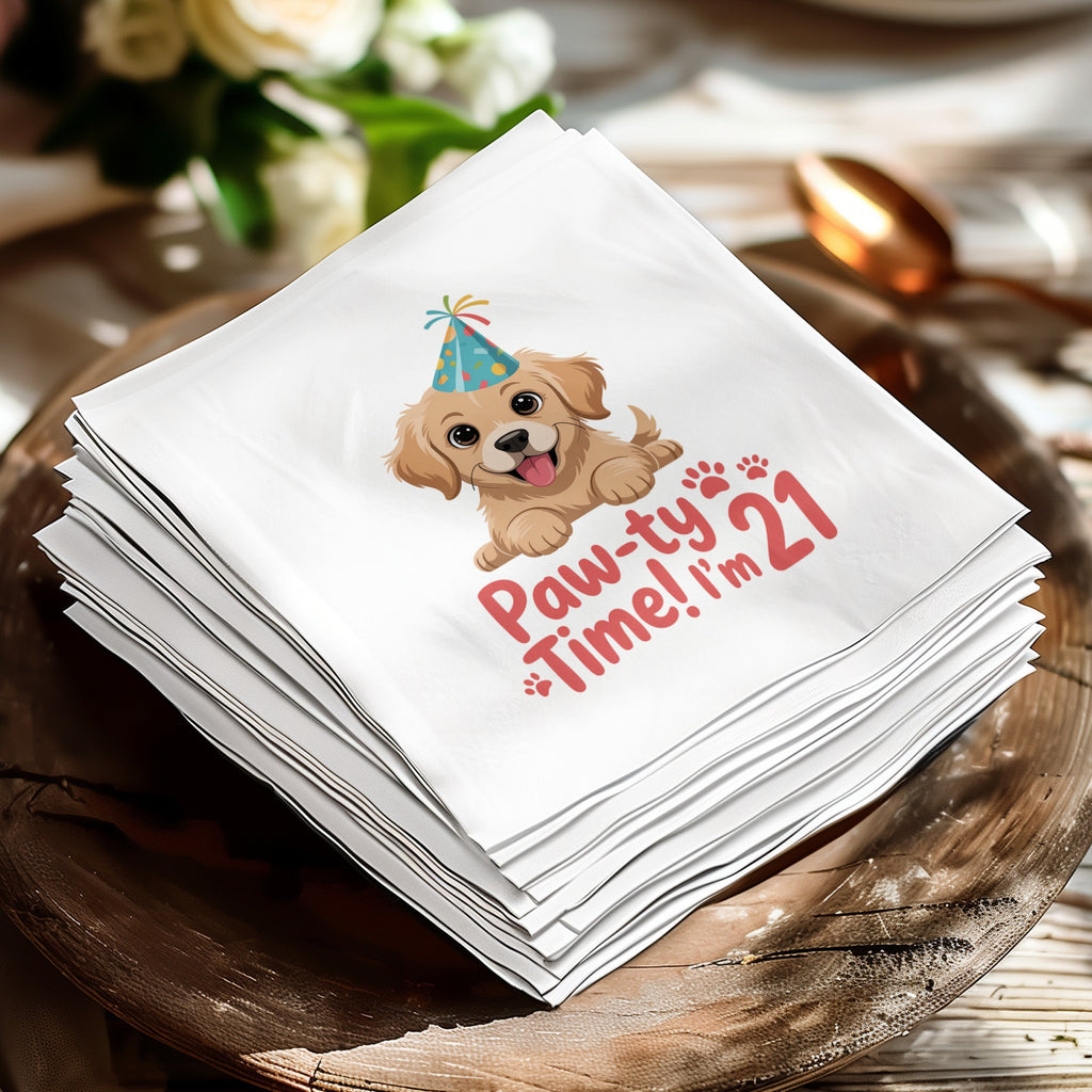 Golden retriever puppy wearing a party hat with "Paw-ty Time! I'm 21" text.