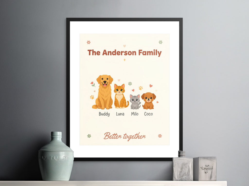 The Anderson Family framed print displays cartoon pets Buddy, Luna, Milo, and Coco.