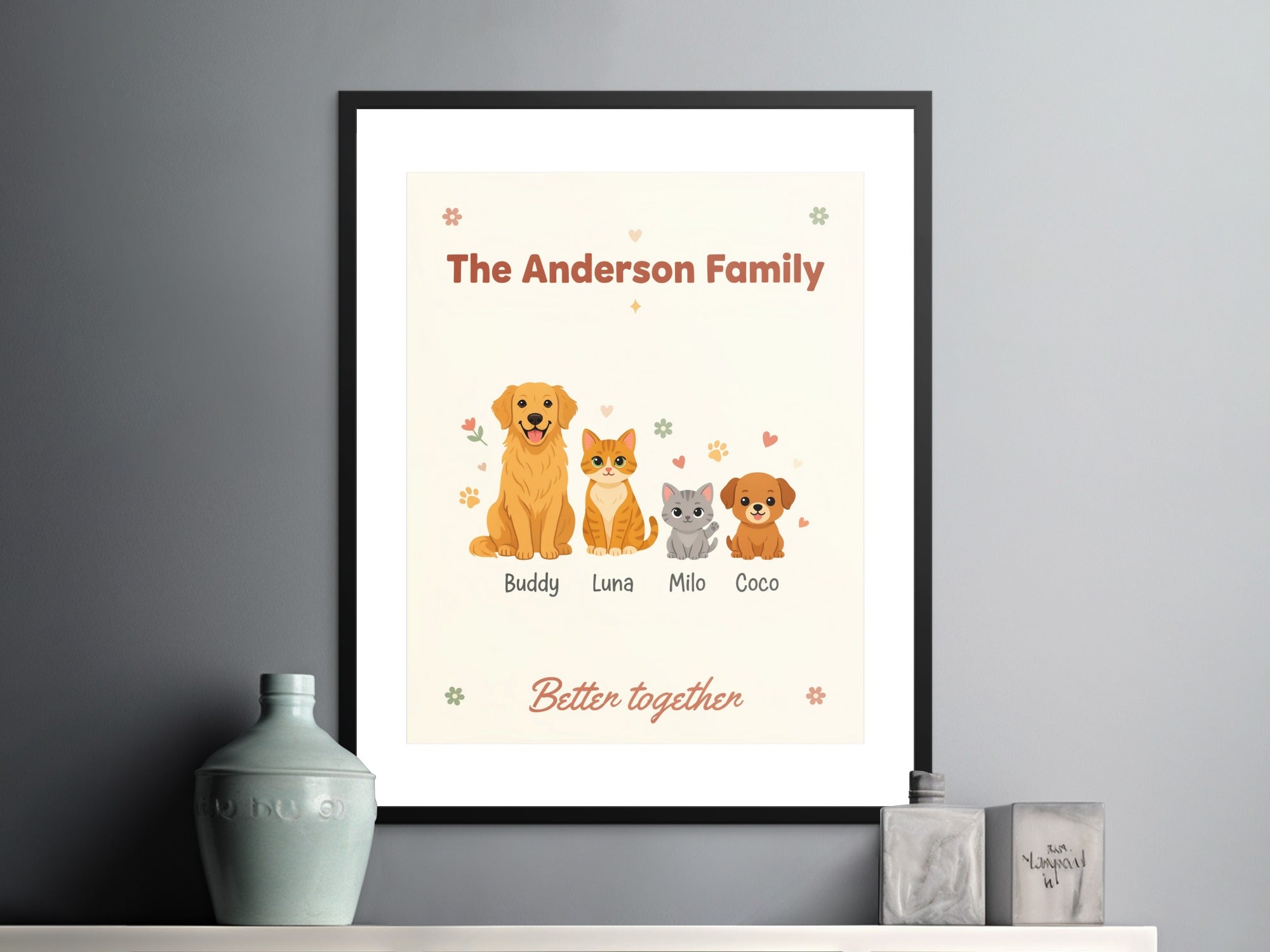 The Anderson Family framed print displays cartoon pets Buddy, Luna, Milo, and Coco.