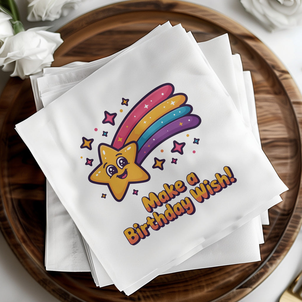 White napkin with "Make a Birthday Wish" and a smiling rainbow shooting star.