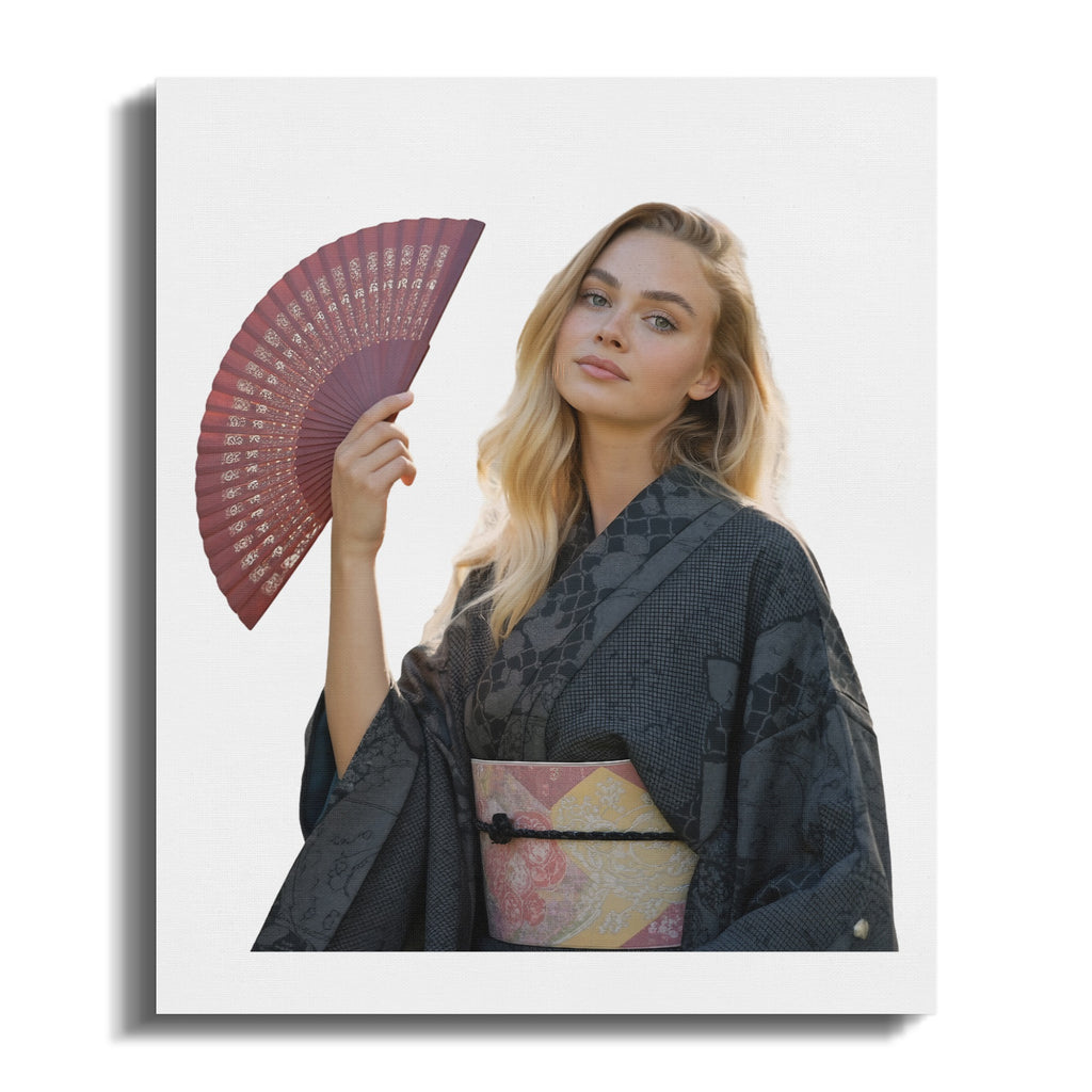 Woman in kimono holding a red fan, against a white background.