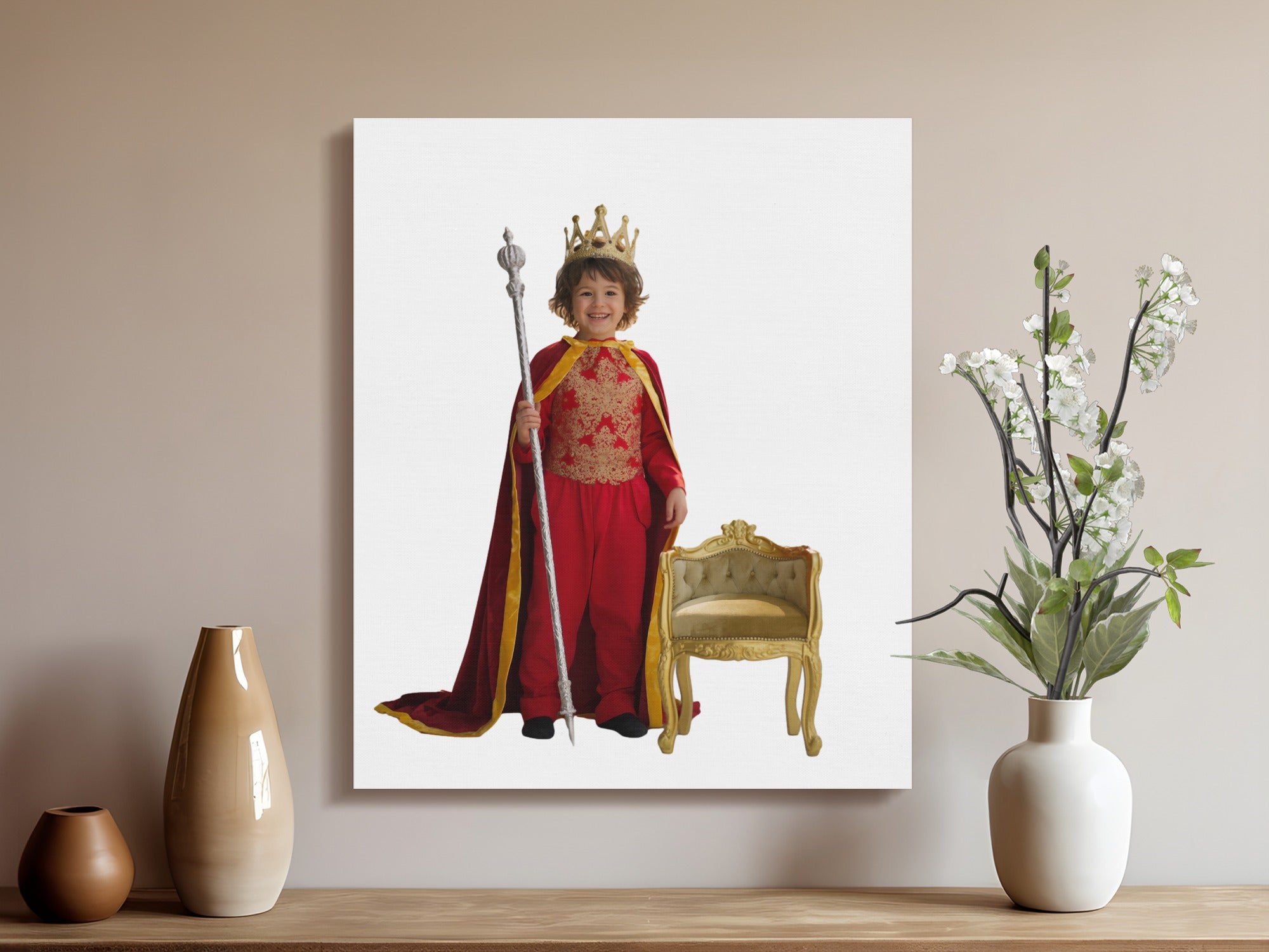 Child in king costume with crown, scepter, and ornate chair.