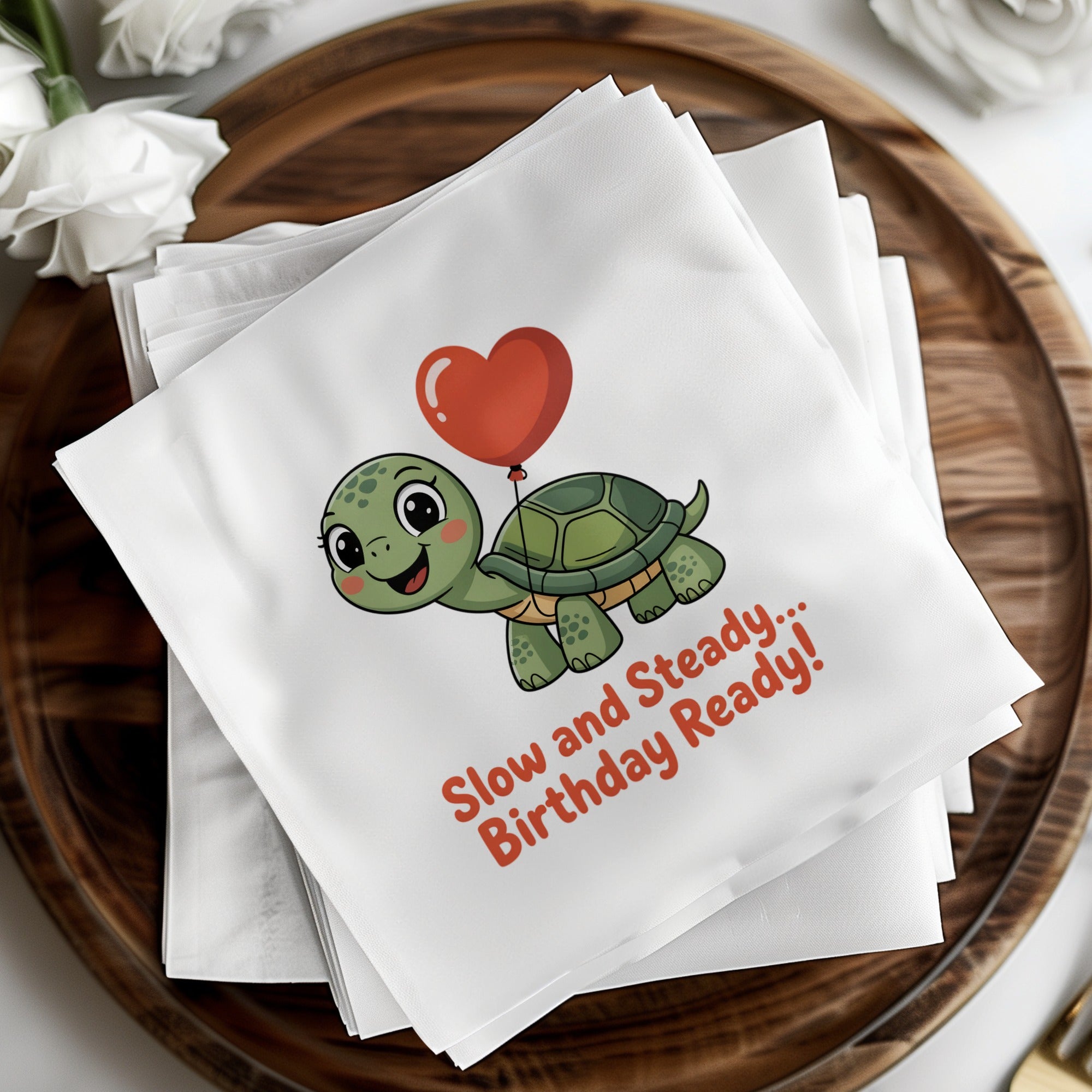 A cartoon turtle with a red balloon and "Slow and Steady... Birthday Ready!" text.